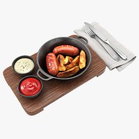 Cast iron skillet with meal on a wooden tray