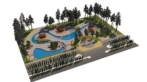 Dynamic Urban Park with Winding Water Features 3D Model 3D