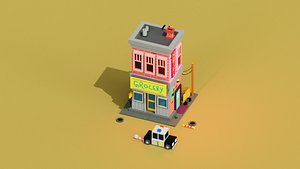 Voxel 3d hotel with grocery store and a police car 3D model