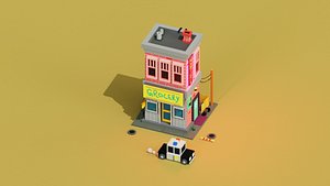Voxel 3d hotel with grocery store and a police car
