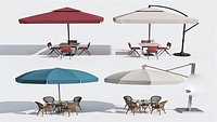 Outdoor Cafe Dining Set Collection with 4 Tables Chairs and Colorful Umbrellas
