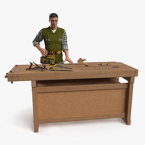 Carpenter Working at Woodworking Bench with Tools