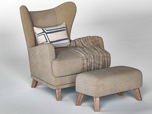 Classic Beige Wingback Armchair and Ottoman Set 3D Model