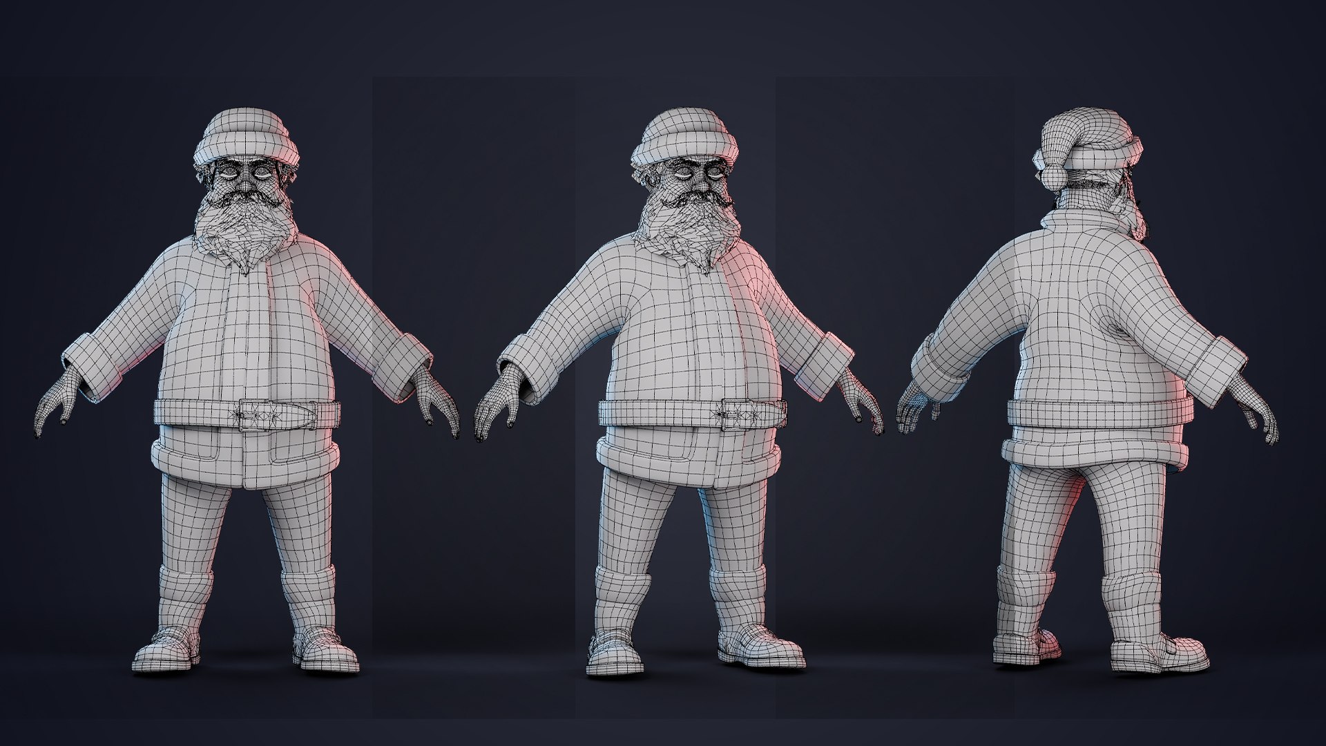Stylized Santa Claus rigged 3D model https://p.turbosquid.com/ts-thumb/3Q/oBtRh7/kg/santaturnaroundwireframe/jpg/1764657512/1920x1080/fit_q87/ee9a2d6a83584201b1c82b1dd791e687c5b6e202/santaturnaroundwireframe.jpg