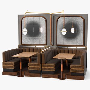 3D Vintage Diner Booth Seating with Tables and Lamps