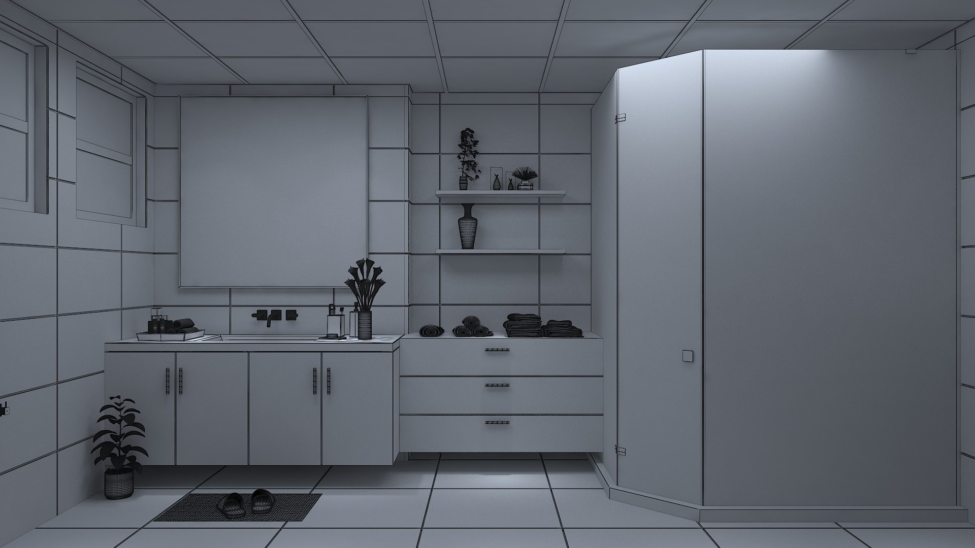 MODERN BATHROOM INTERIOR SCENE - 1 3D model https://p.turbosquid.com/ts-thumb/3T/Q5t8C2/EA/wireframe1/jpg/1634556283/1920x1080/fit_q87/3003eccf6dddeef7840e251c9bbc10a8ca1d9974/wireframe1.jpg