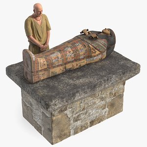 Ancient Priest Mourns an Altar with a Sarcophagus
