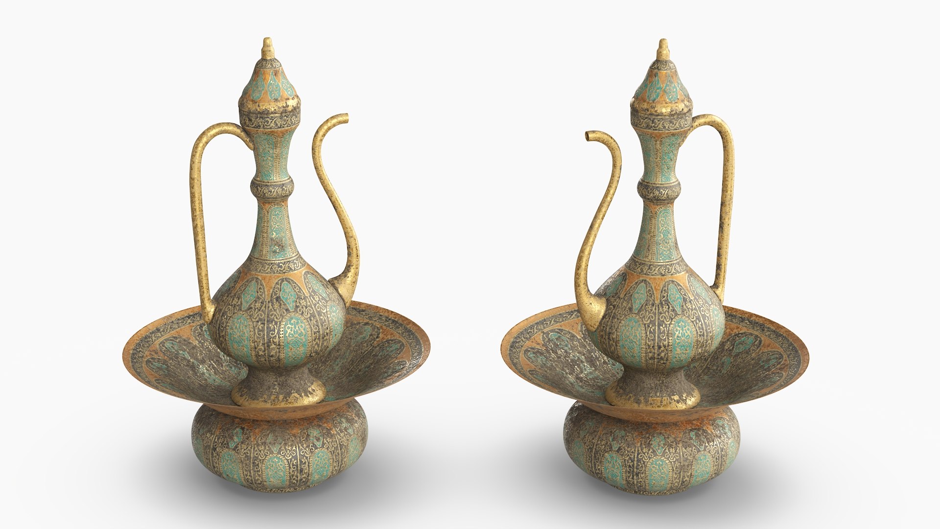 Aged Metal Ewer with Matching Bowl Old 3D model preview
