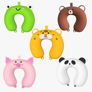 Set 5 Cartoon Animal U-Shaped Neck Pillow 3D model