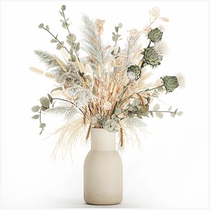 white bouquet of dried flowers in a vase with dry branches pampas 572 3D