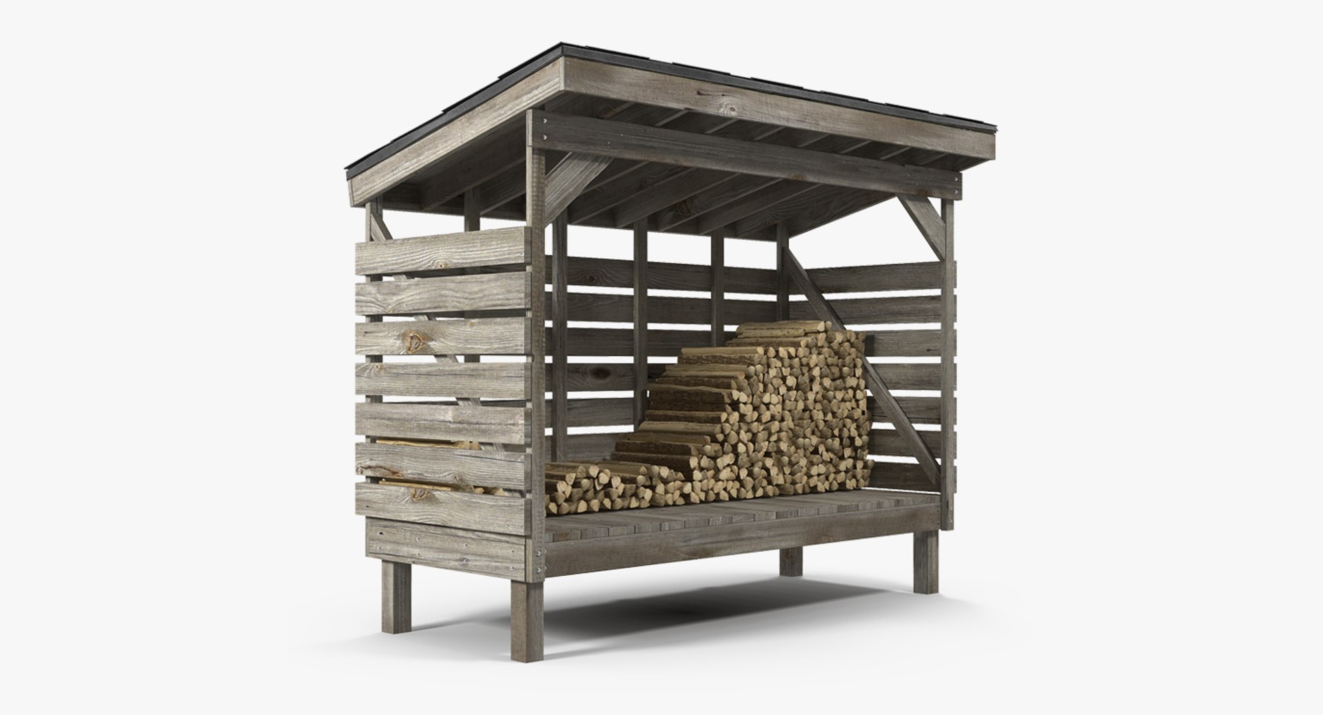Old Woodshed with Stack of Firewood 3D Model 3D model preview