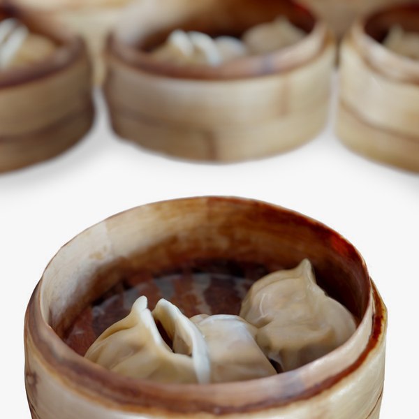 3D Real Food Wooden Steamer with Gyoza scanned