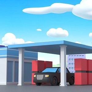 3D Low Poly Gas Station with Car Refueling model
