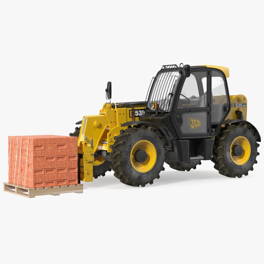 Telescopic Loader With Pallet of Bricks Rigged 3D model preview
