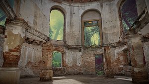 3D Old ruined oval room in baroque palace