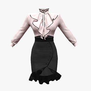 Retro Pencil Skirt With Frills and Blouse