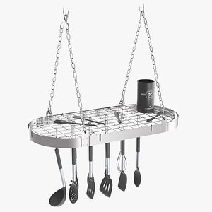 Hanging Pot Rack with Cooking Utensils 3D