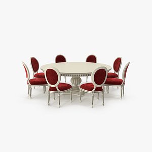 Beige Paint with Red Fabric Velvet Round Dining Table Set for 8 Persons