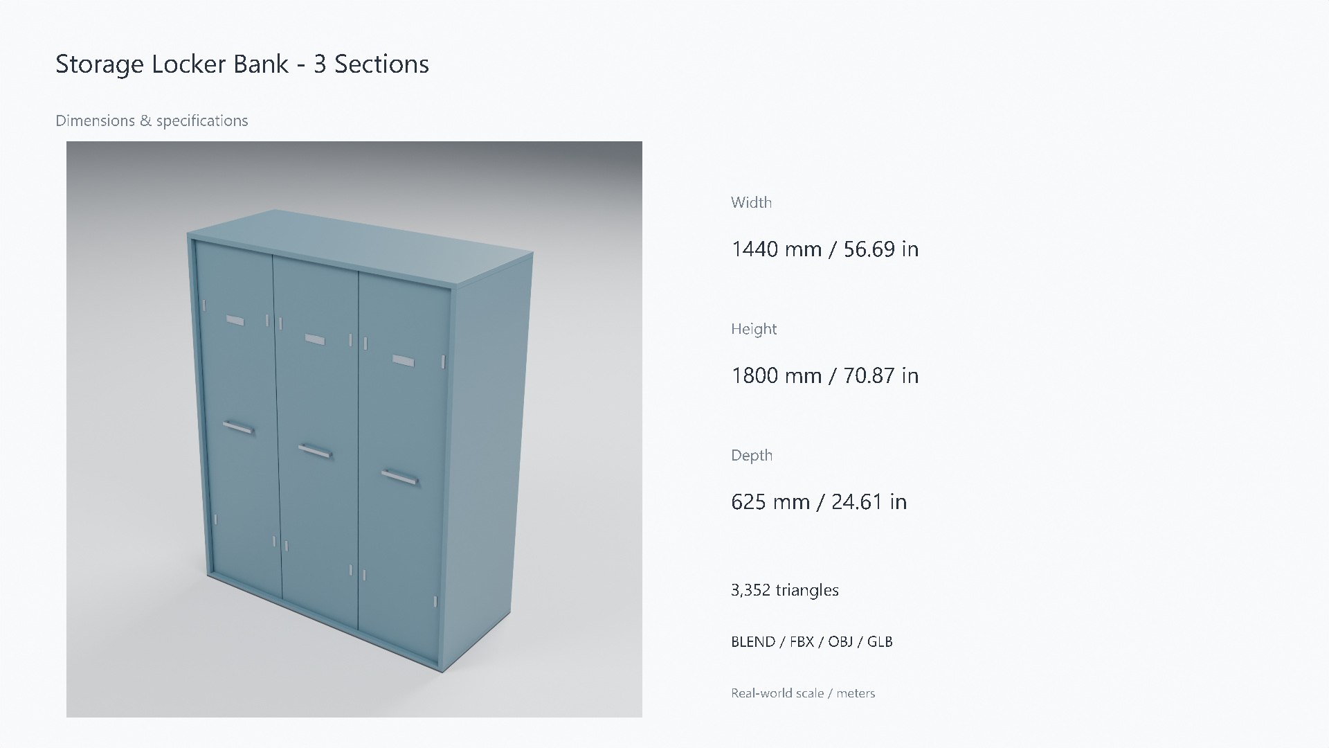 Painted Steel Storage Locker Bank - 1440 x 625 x 1800 mm 3D model https://p.turbosquid.com/ts-thumb/3l/fc0Y1e/G2/07_dimensions/jpg/1788951340/1920x1080/fit_q87/83ad26ab961865f2f8fd8036bc6c1864b212d937/07_dimensions.jpg