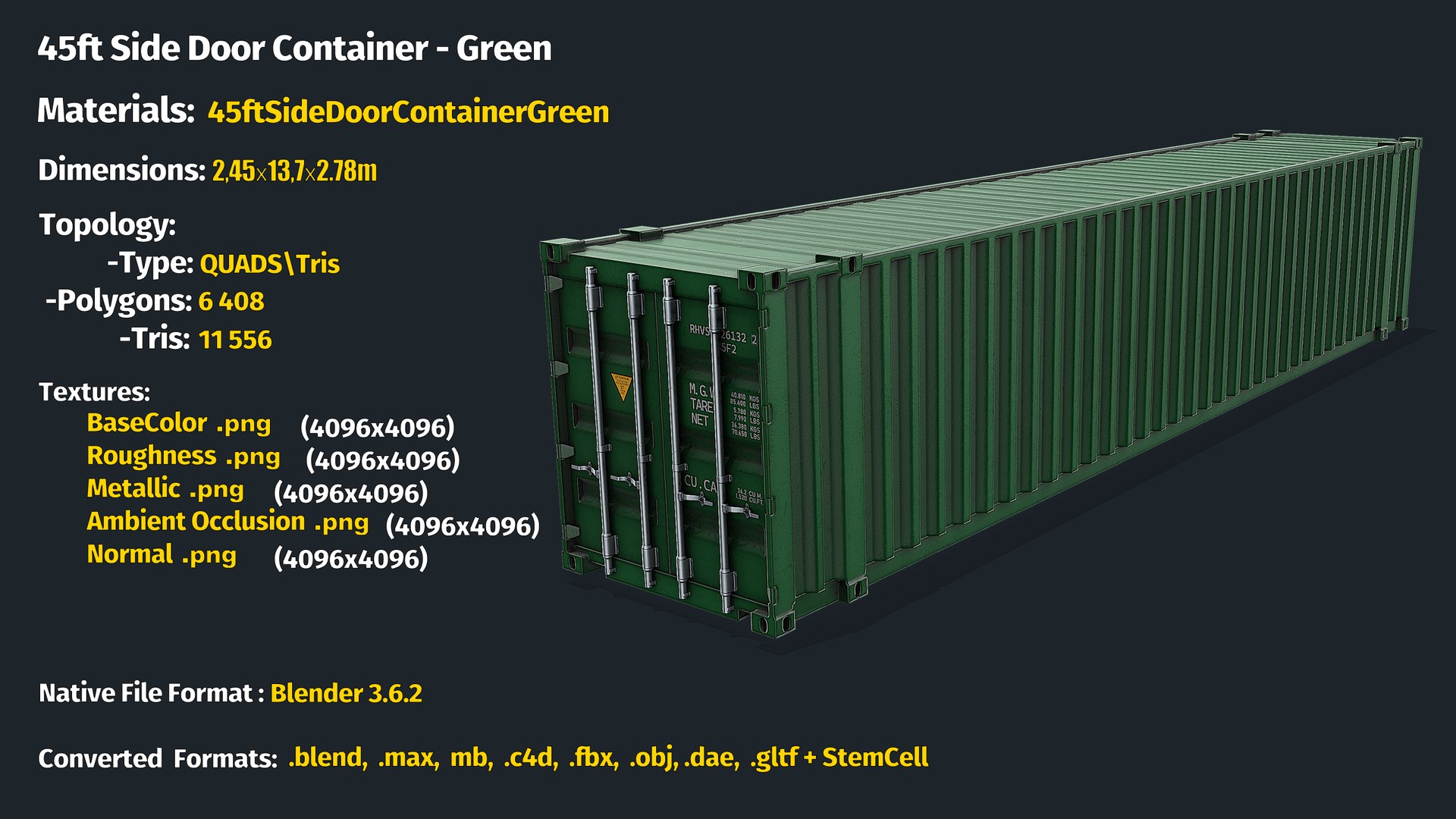 45ft Shipping Container - Green 3D model https://p.turbosquid.com/ts-thumb/3l/mB9M7u/dE/info/png/1700079549/1920x1080/fit_q87/85645630bc4f3662564ec2e96c0af5e26e73c284/info.jpg