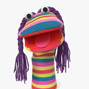 3D Sock Puppet Character Striped Girl Smiling Pose