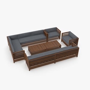 Set of Wood Outdoor Sofas and Table 3D