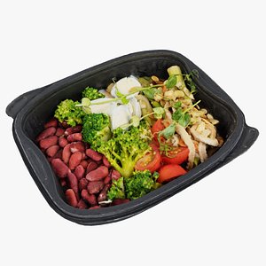 Poke bowl lunch box with tomatoes broccoli arugula quail eggs asparagus and beans