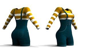 3D Denim Shorts Overalls with Sweater