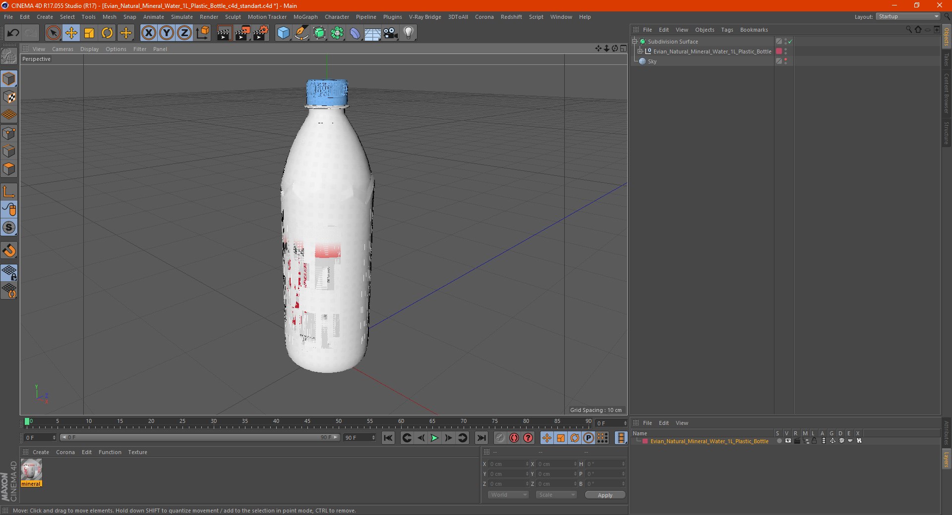 Evian Natural Mineral Water 1L Plastic Bottle 3D model preview
