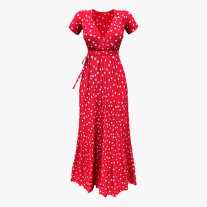 Red Polka Dots Long Summer Dress 3D model