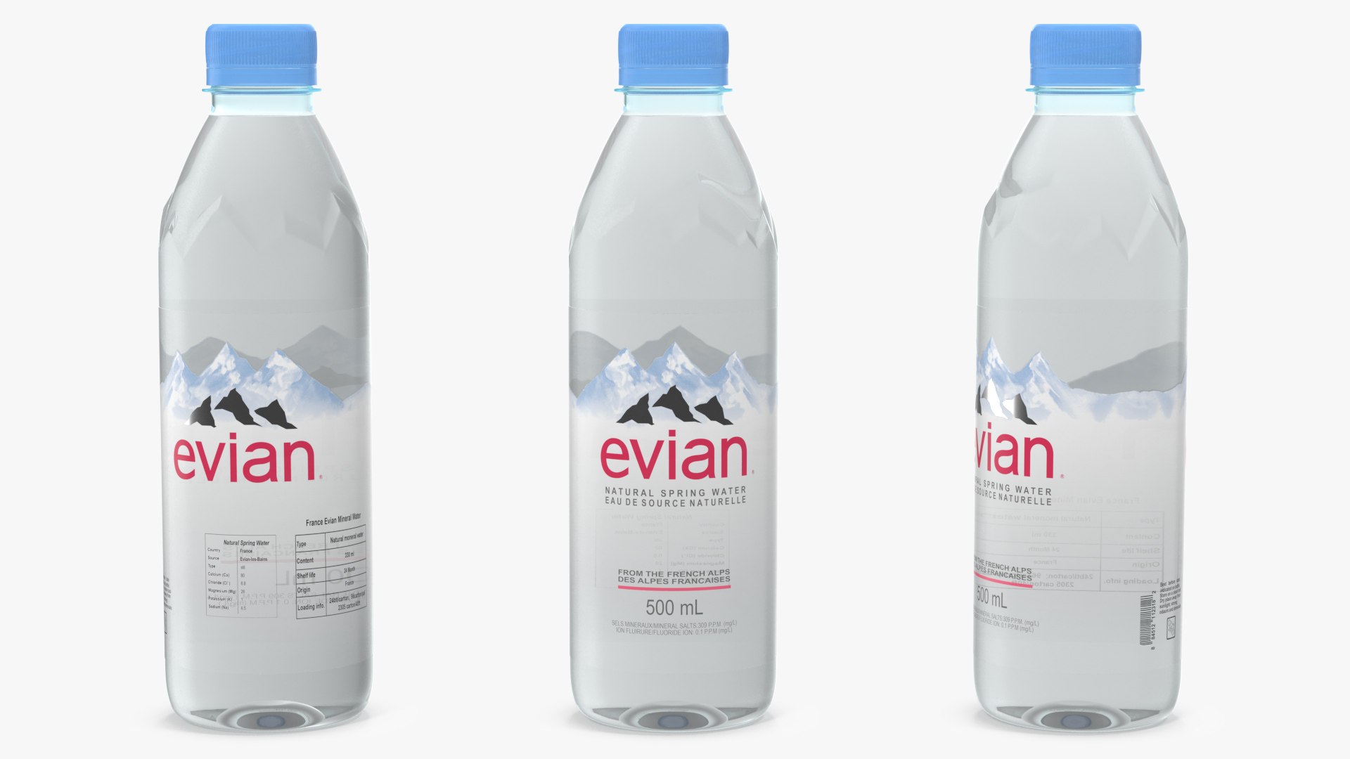 Evian Natural Mineral Water 500ml Plastic Bottle 3D model preview