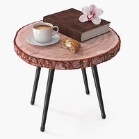 Wood Slab Coffee Table with Cup and Book