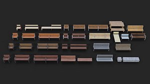 Collection of 32 Benches and Chairs Low Poly 3D model