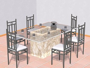glass table tile w iron chairs