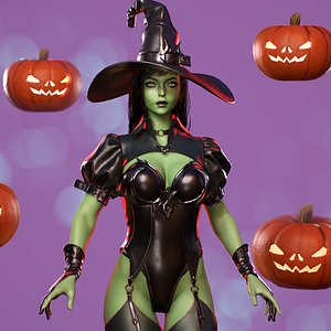 Evil Halloween Witch - Cute Wizard Sorcerer Mage Cartoon Girl Low-poly 3D model 3D model