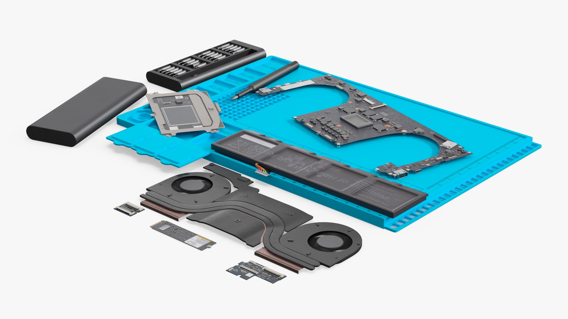 Disassembled Laptop Internal Parts on Silicone Repair Mat 3D model preview