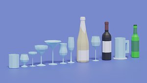 Bar Wine Bottle Wine Glass Low Poly