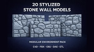 20 Stylized Stone Wall Models Modular Environment Pack C4D FBX OBJ DAE STL 3D model