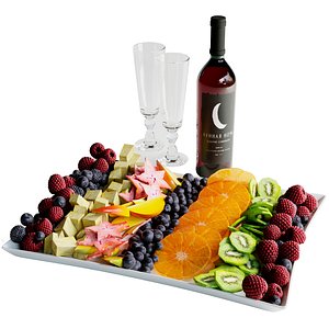 3D Fruit plate with a glass of red wine