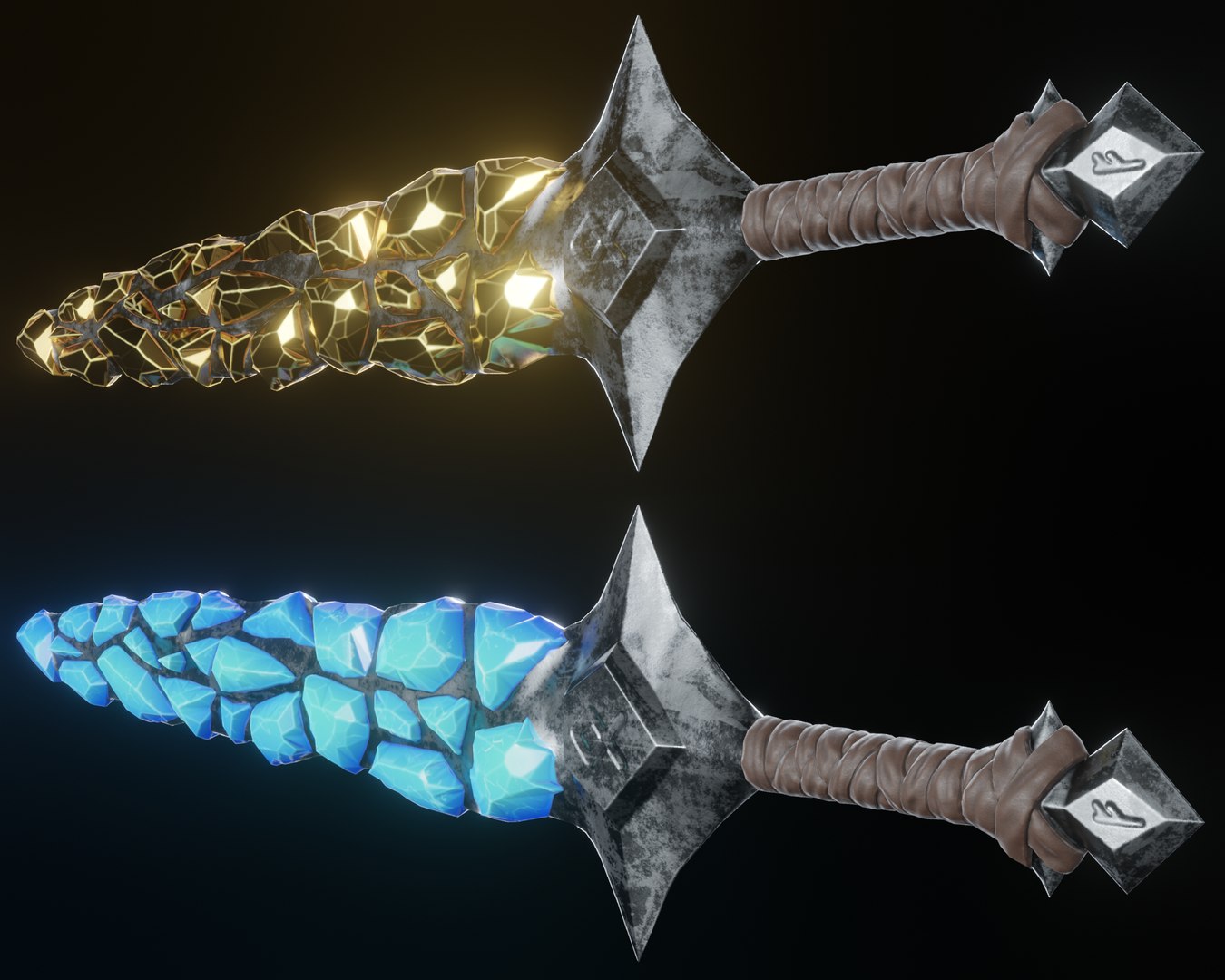 3D Model Stylized Sword Ice And Gold Crystals Melee Weapon Game Ready