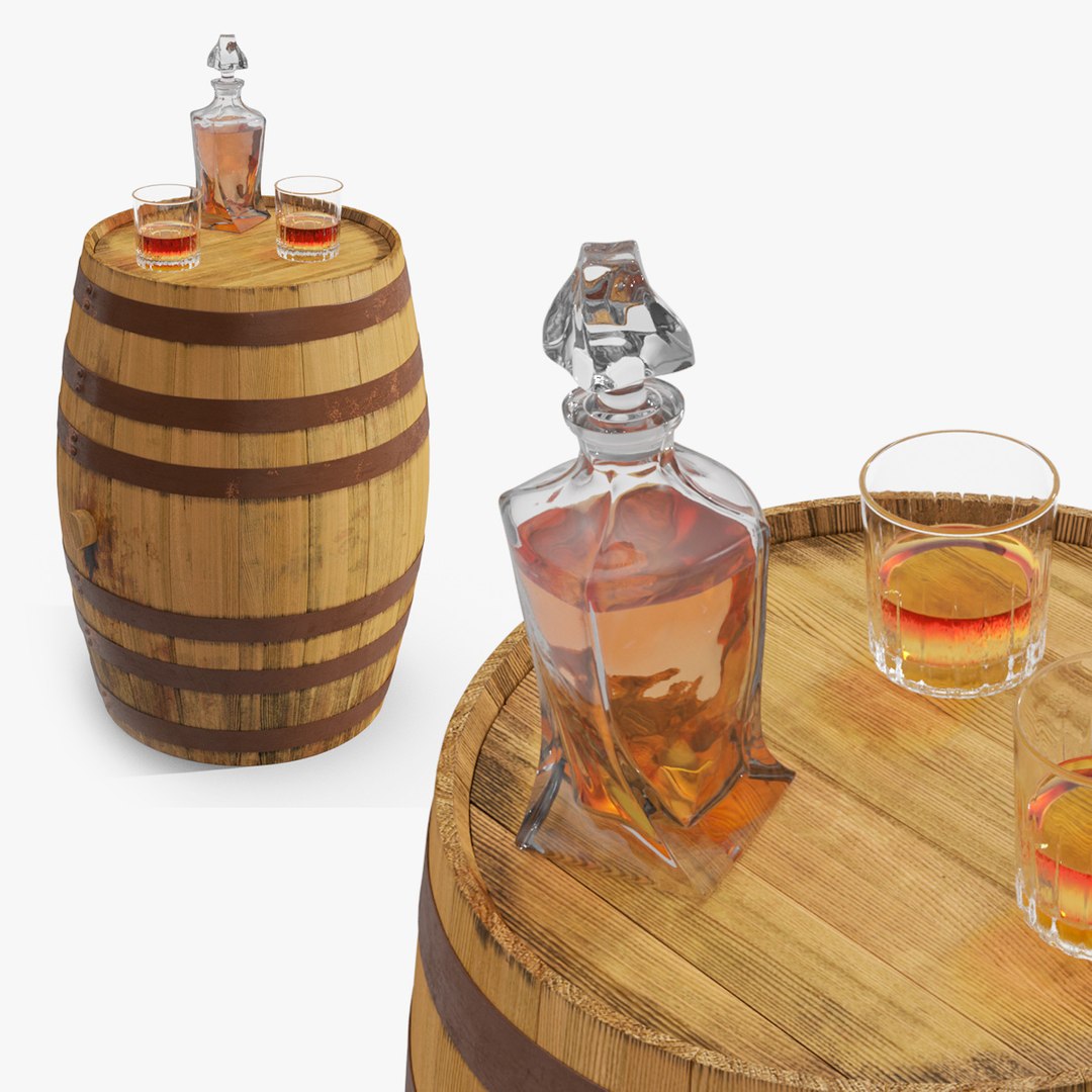 Whiskey Decanter Glasses Oak Barrel 3D model preview