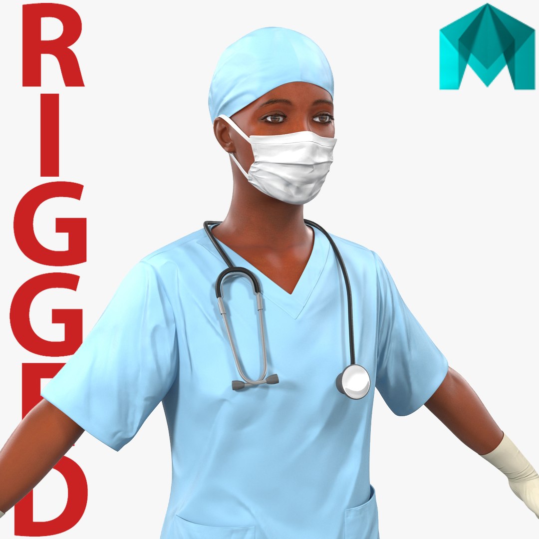 Female Surgeon African American Rigged for Maya 3D model preview