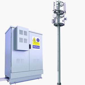 3D Cell Antenna Tower Mast 14 and Base Station Box SET