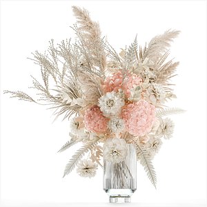 lush bouquet of dried flowers in a pink vase Hydrangea pampas 3D