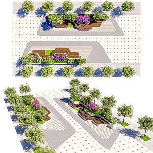 3D Architectural Landscaping Element with Wood Benches  Greenery