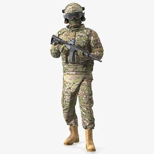 3D Equipped Military Soldier in Green Camo Walking Fur model
