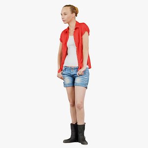 3D Woman in Jeans Shorts and Red Shirt Remastered
