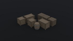 3D Low-poly cartoon medieval wooden crates kit