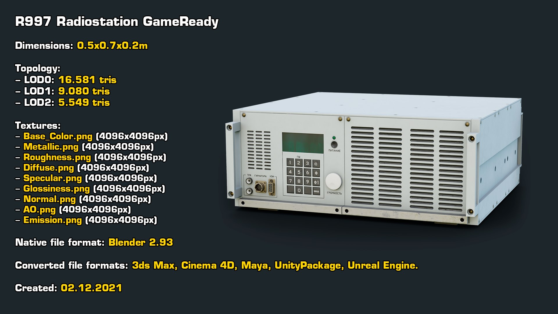 R-997 Radiostation GameReady LODs 3D model https://p.turbosquid.com/ts-thumb/48/yTgrcz/28/stats/png/1638442124/1920x1080/fit_q87/8384fa714b737e0e01a3e2b74280d2c2abd48352/stats.jpg