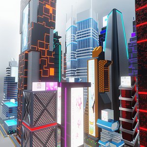 Sci Fi Building City with Roads Lights Screens - Low Poly PBR Game Ready